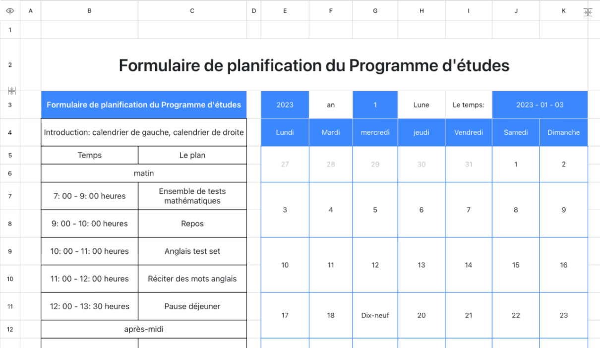 Formulaire de planification du Programme d'études